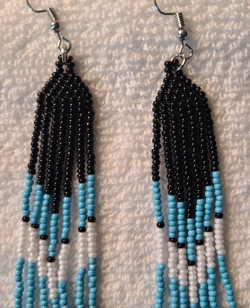Elegant Beaded Dangle Earrings - Black, Blue, and White